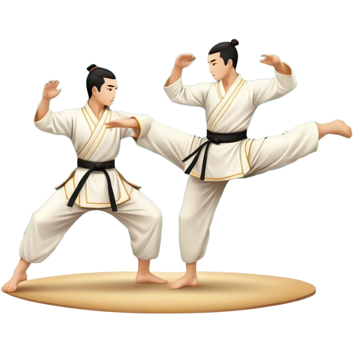 Two martial artists in traditional Wushu attire, performing elegant, fluid moves. The background shows a peaceful, scenic landscape with mountains and bamboo trees, symbolizing the balance of power and grace in Wushu.  emoji