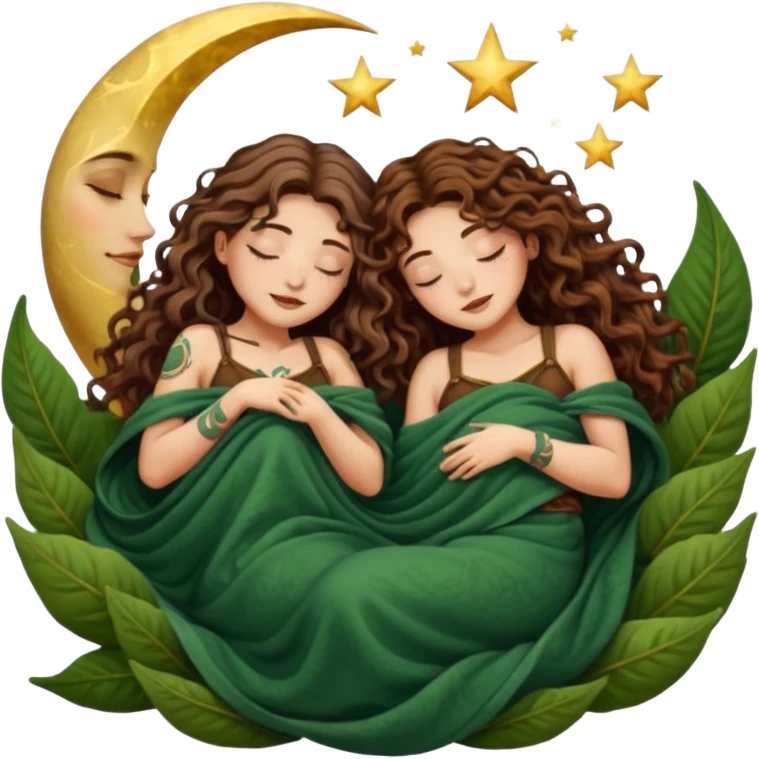 two forest alchemist women — one with long wavy brown hair and tattoos, one with short tight curly brown hair — sleeping back to back under leaf blanket crescent moon above emoji