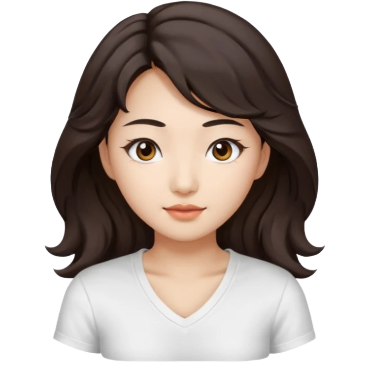 iOS style emoji. A girl with very long dark brown wavy hair. And the eyes color is dark brown. And she is wearing white t shirt with V kneck. And she is 30. She is Asian with double eyelids  emoji