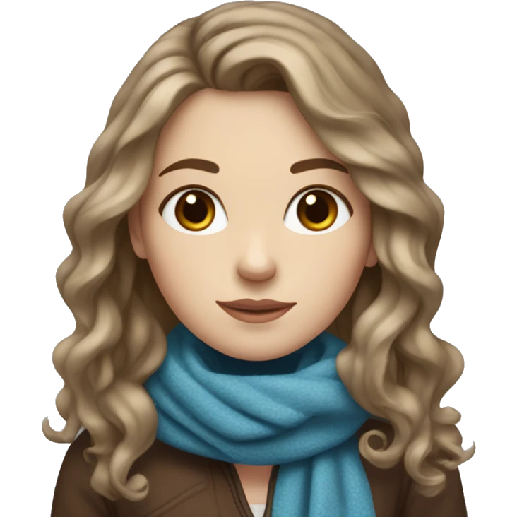 White girl with dark blonde wavy hair, a brown and brown scarf in winter. She has blue eyes. emoji