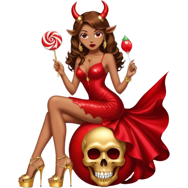 Sexy, playboy stripper woman brown courtly hair seductress lollipop devil horns red glitter dress with slit, holding a skull  while she is sitting on top of gold wearing tall platform heels emoji