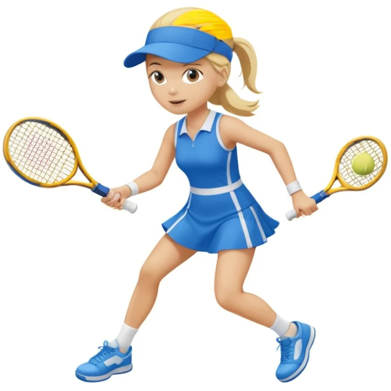 white young girl playing tennis, blue dress, white shoes, blue visor, white socks, blonde hair, two tennis rackets, tennis ball emoji