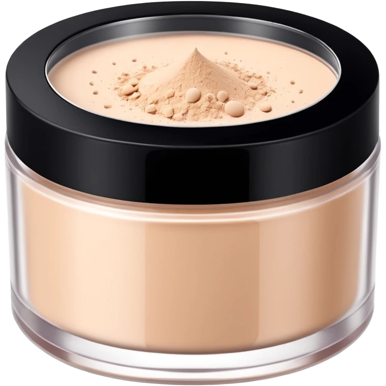 Create an emoji of Huda Beauty loose powder in its round, flat jar, short and wide, frosted or matte plastic, black screw-on lid, minimal luxe makeup packaging, clean glam aesthetic. emoji