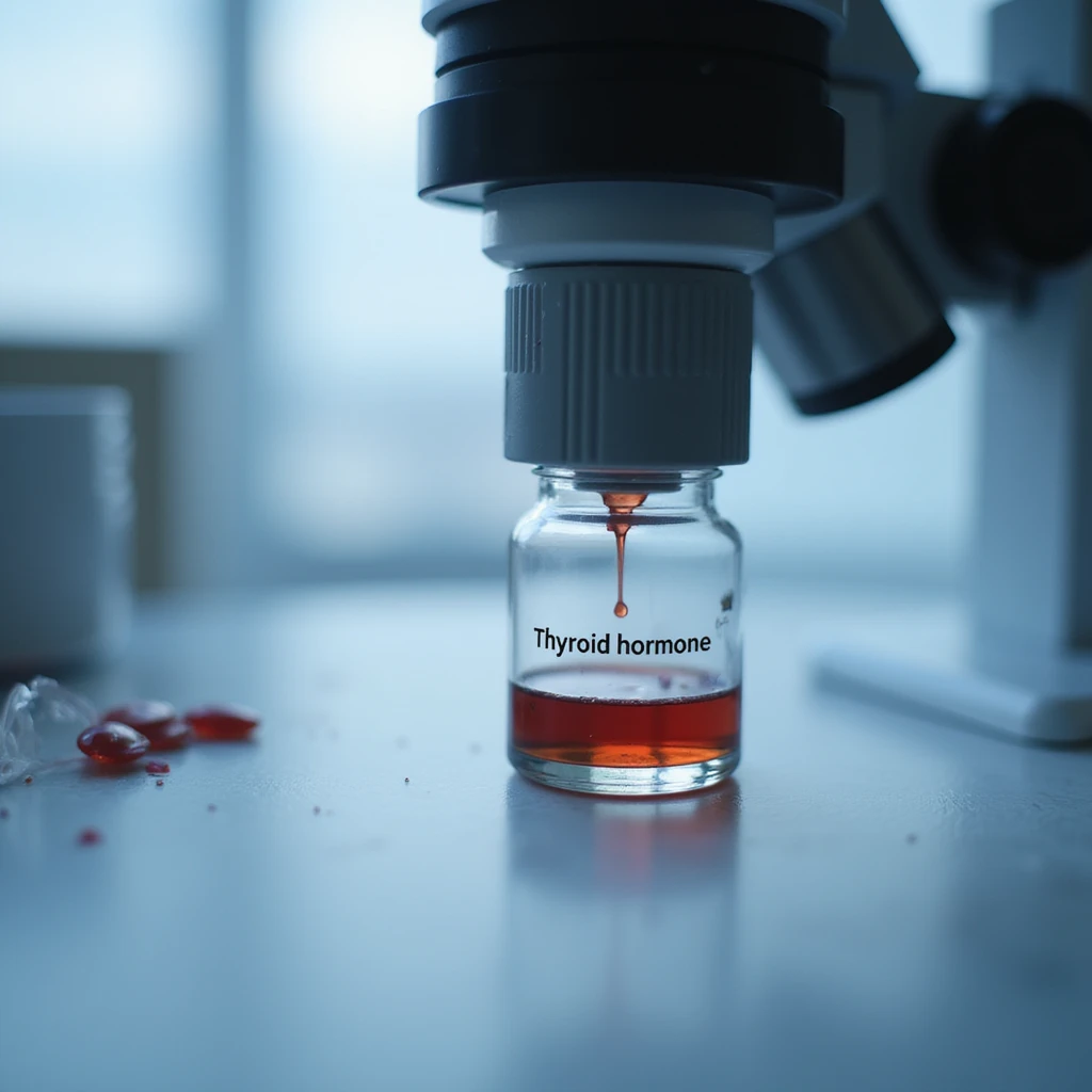 Hyperrealistic 4K image of laboratory slide with blood drop and caption 'Thyroid hormone assay', microscope in background emoji
