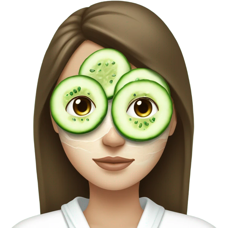 Girl with freackles Brown hair white skin and blue eyes wears Green skin care mask while She relaxes and two round piece cucumber on her closed eyes In a white Robe emoji