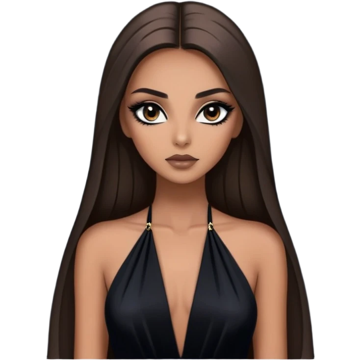 A dramatic half-body portrait of a woman with long straight hair and smoky eye makeup. She’s wearing a glamorous, dark evening gown and has a mysterious, captivating gaze, with a dark, moody background emoji