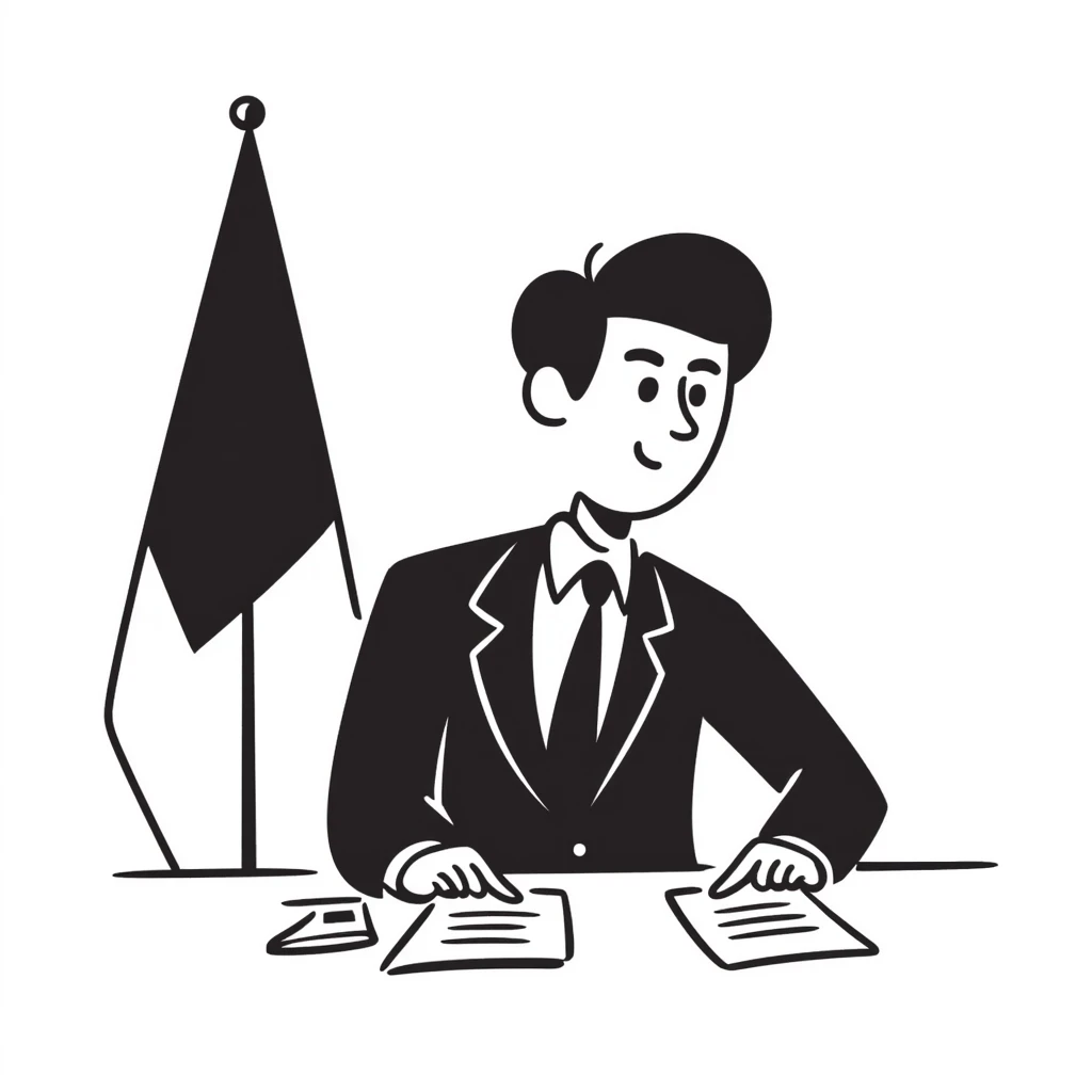 A diplomat negotiating at a conference table with documents and a flag emoji