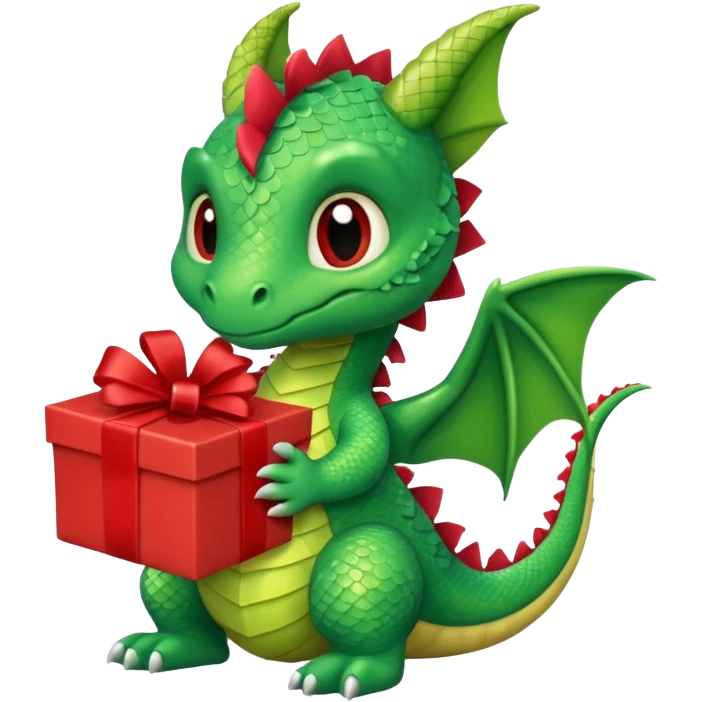 a cute baby dragon is holding a carton gift with red ribbon emoji