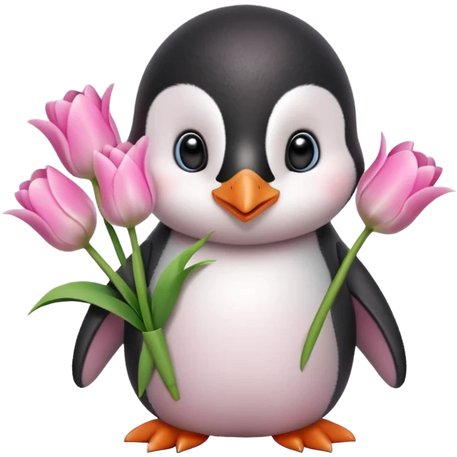 Cute baby penguin holding flower bouquet wraped in white paper and all flowers tulips in pink colour emoji