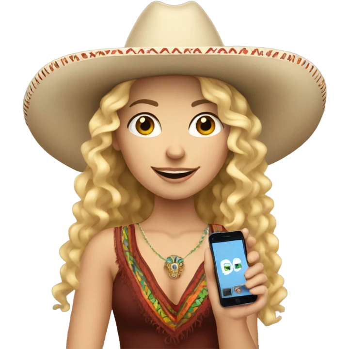 white curly haired blonde girl in a mexican hat holding her phone emoji