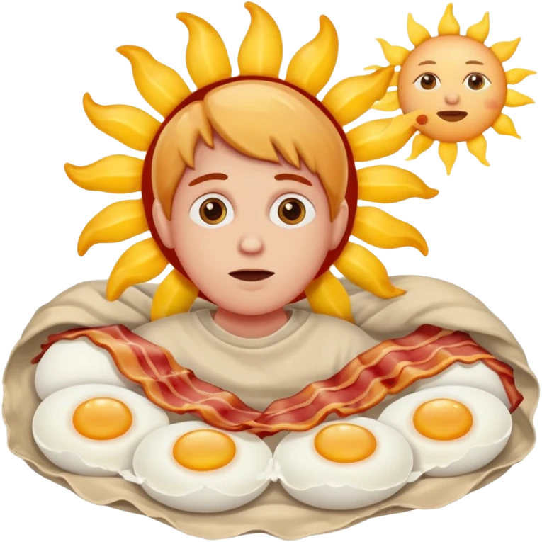 A sun made out of eggs and bacon in the background of someone waking up  emoji