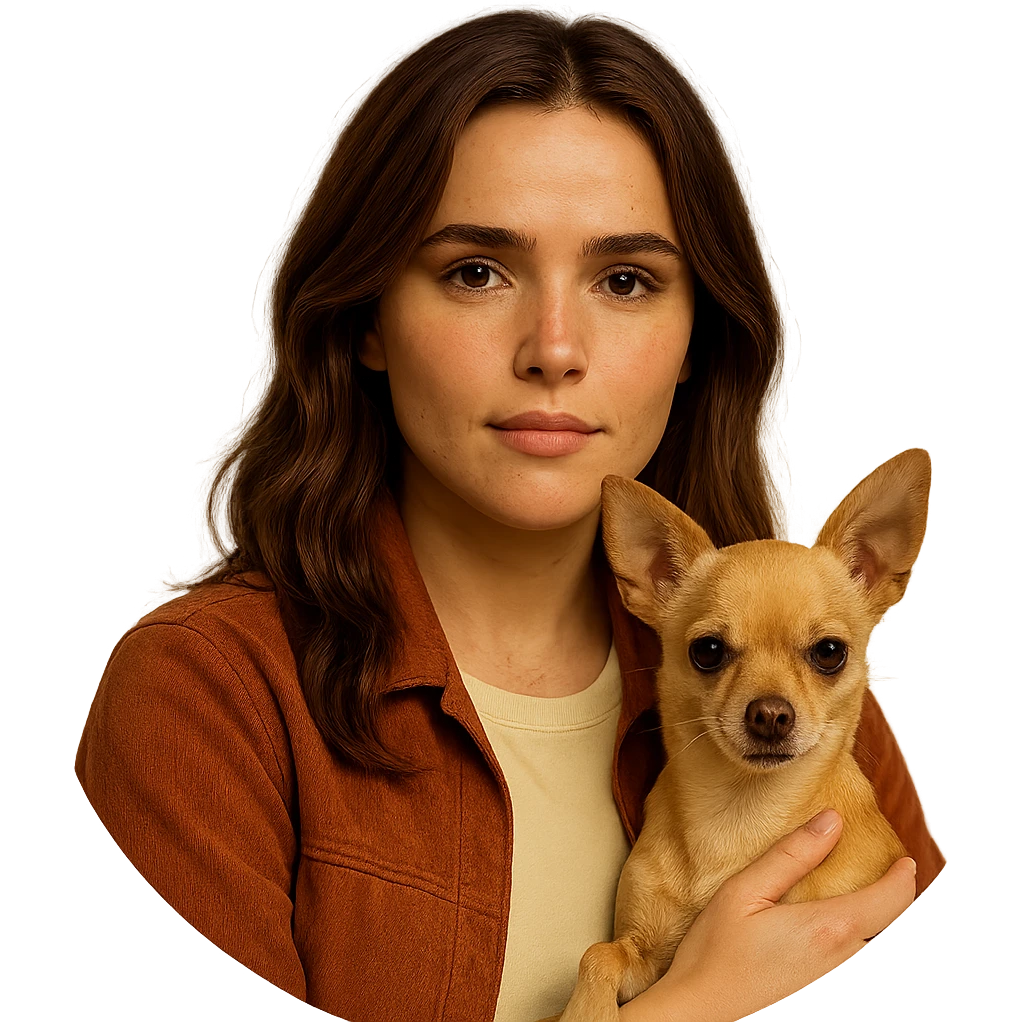 Centered portrait for Instagram profile picture inspired by the facial features visible in the reference images. Tanned complexion with subtle freckles, wearing a shirt colored #FFF8CA and a rust-colored jacket. Medium-length brown hair with auburn highlights. Expression is proud and protective. Holding a beige-brown chihuahua. Style inspired by a Netflix series, intimate Tenerife ambiance, transparent background. emoji