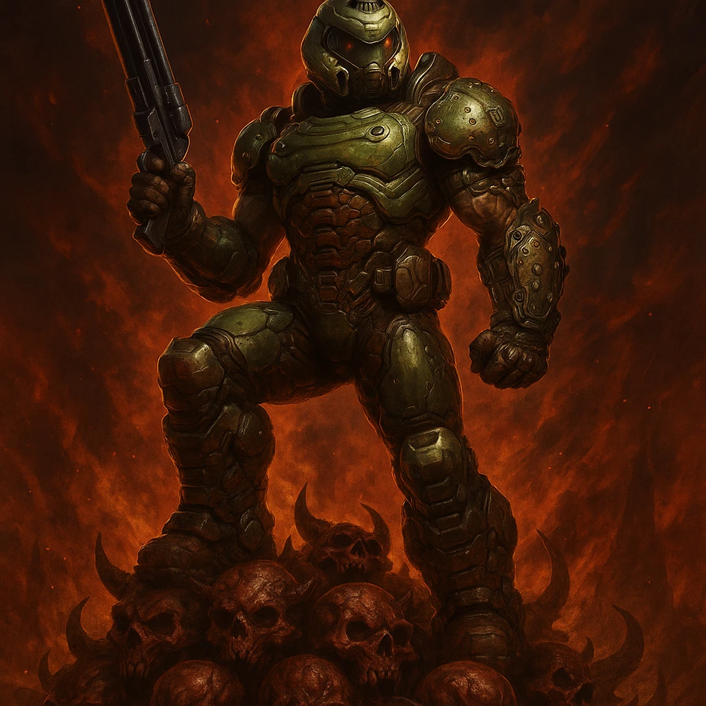 The Doomslayer, standing on a pile of demon skulls, green armor, shotgun in hand, intense and heroic, inspired by Doom Eternal emoji