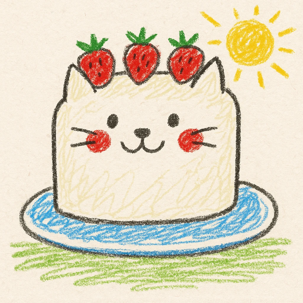 white cake shaped like a cat with strawberries on top, children doodle style, fun and friendly emoji