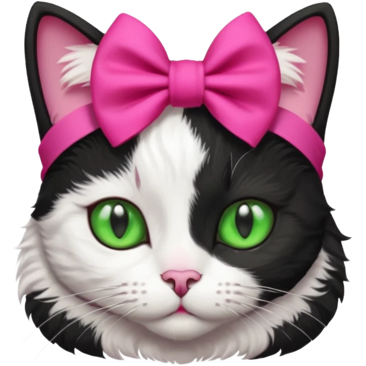 A black and white cat with green eyes she has a hot pink bow on her head  emoji