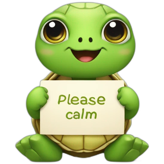 A cute little turtle with a card saying ”please calm down” emoji