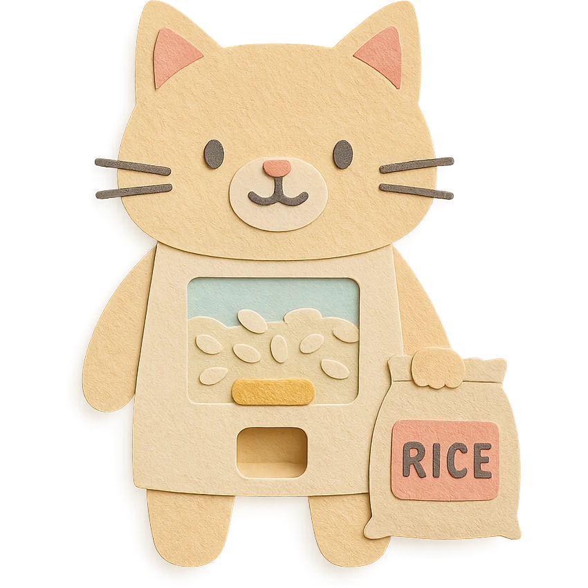 cute cat-shaped rice dispenser standing with a small rice bag, soft pastel palette, full-body emoji