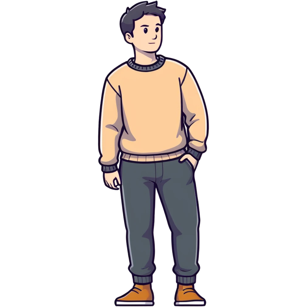 full body lean male figure wearing a sweater and pants, average build, not muscular, standing pose emoji