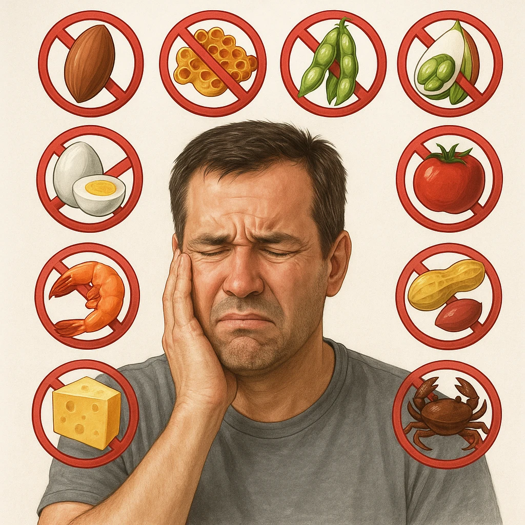A 40-year-old man suffering from food intolerances, inspired by the reference image, with a pained expression, forbidden food symbols above his head. Realistic or illustrative style with a light background. emoji