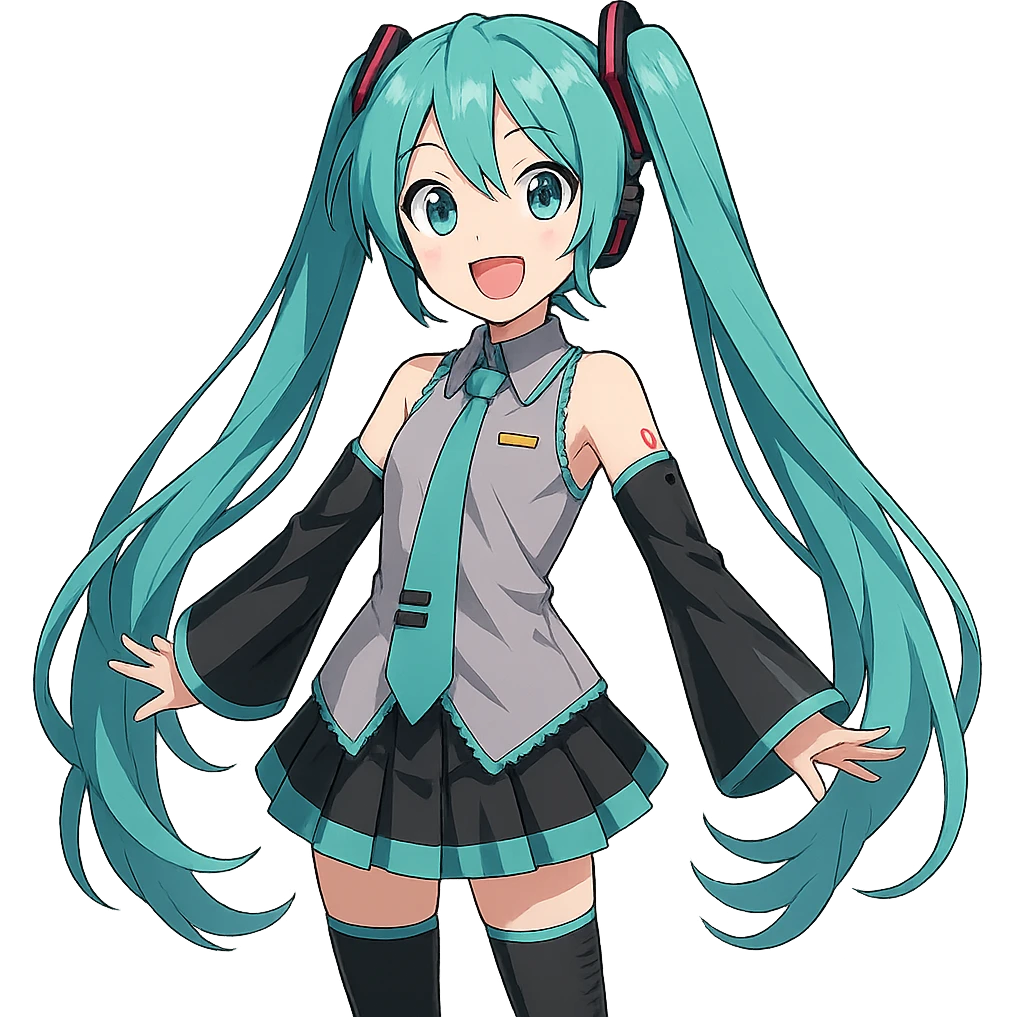 Hatsune Miku, anime style, signature outfit, teal pigtails, cheerful emoji