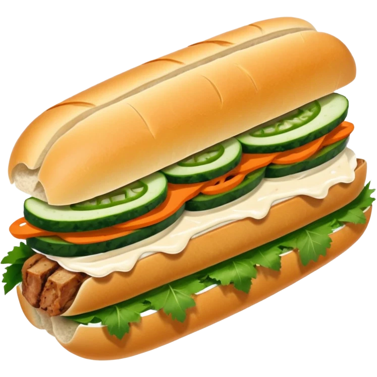 traditional banh mi with char grilled pork emoji 


    Very crusty baguette

    Mayo 

    Pickled carrot 

    Cucumber, coriander/cilantro, green onion, chilli 
 emoji