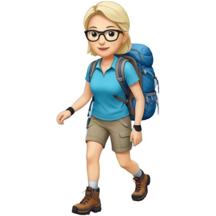 Woman in her 40s with glasses wearing sporty outfit, hiking boots, and backpack looking happy and curious emoji