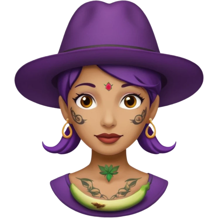 eggplant with woman hat  and face tattoed  emoji
