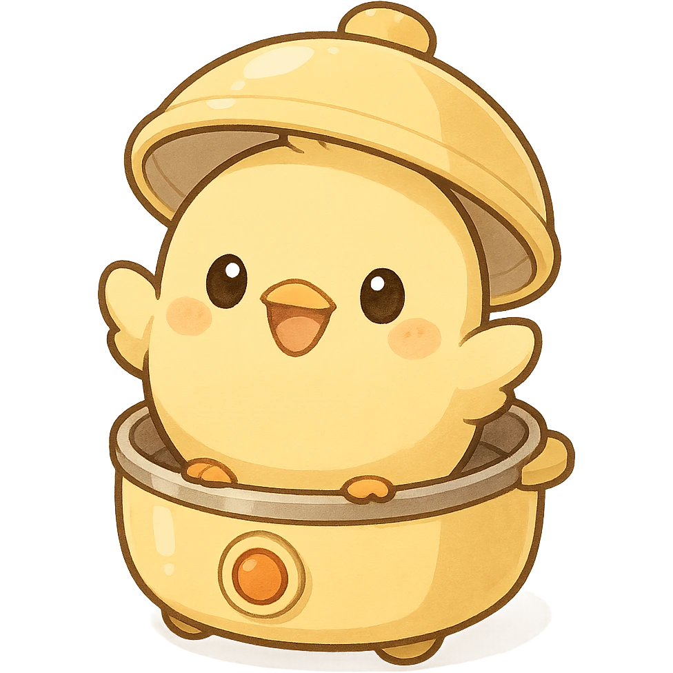 chibi egg cooker chick appliance-animal hybrid, popping out of the lid, smiling brightly, soft yellow tones, full-body, transparent background, 电器拟动物风格 emoji