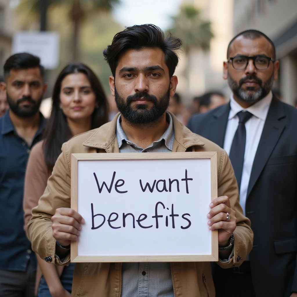 group of indian modern customers holding a board written "We want benefits"with a serious face emoji