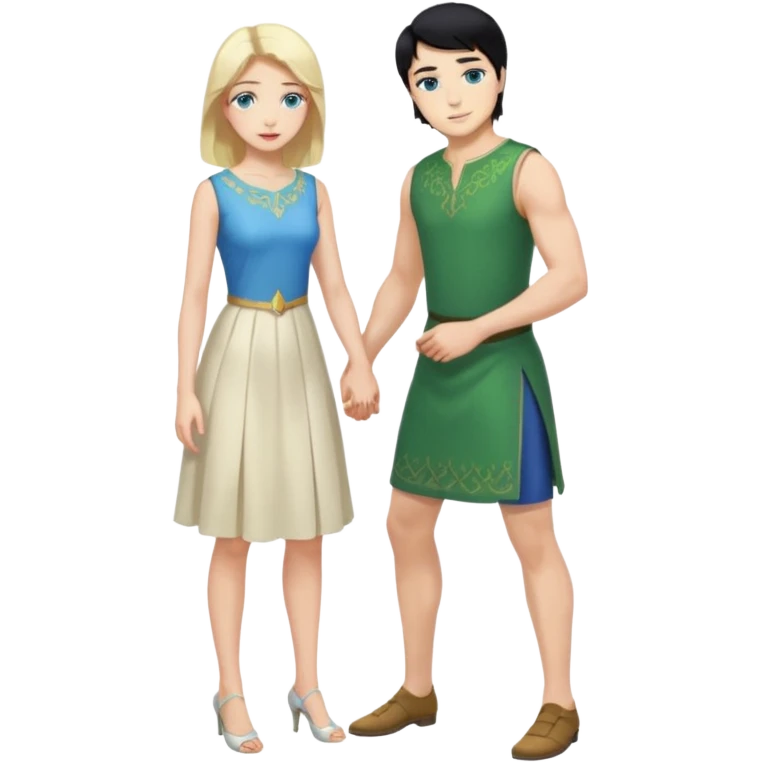 2 Person, King, upright, black Hair, blue eyes, whole body, Woman, blonde Hair, Green eyes, bending knee, sleveless White Dress, emoji