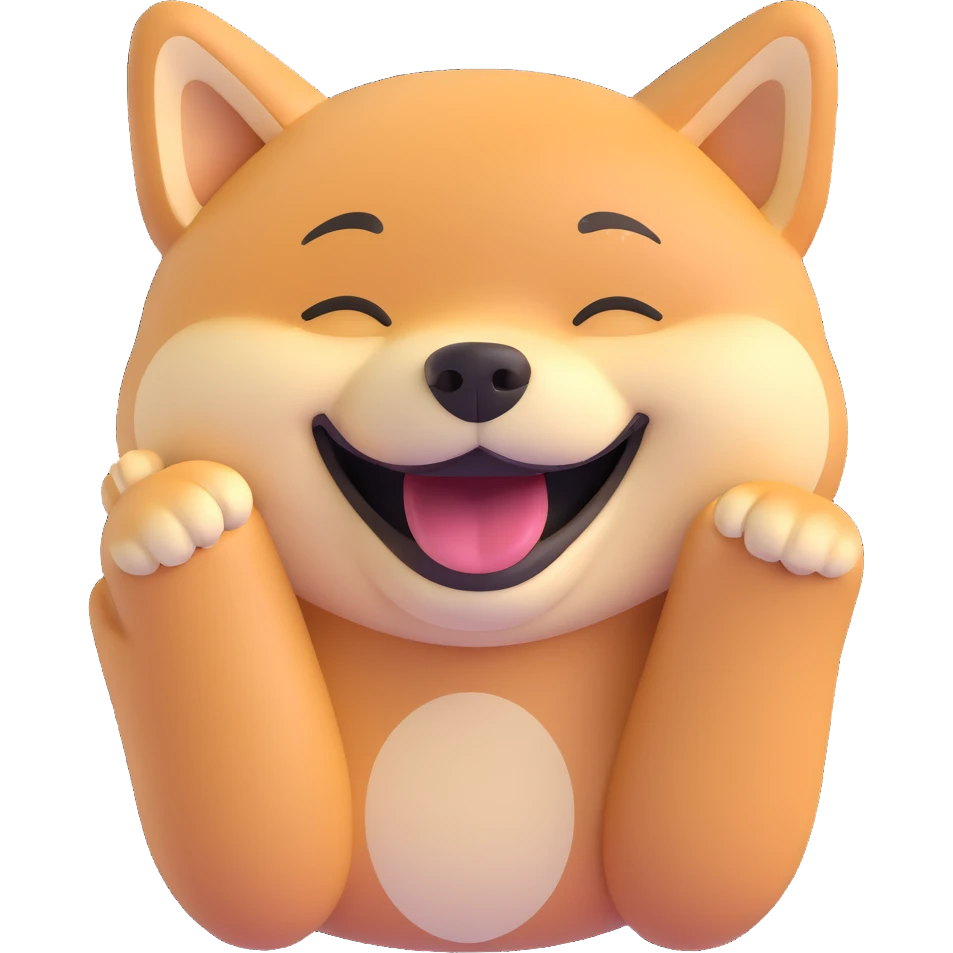 a shiba inu with a big smile, eyes closed, laughing, cartoon style emoji