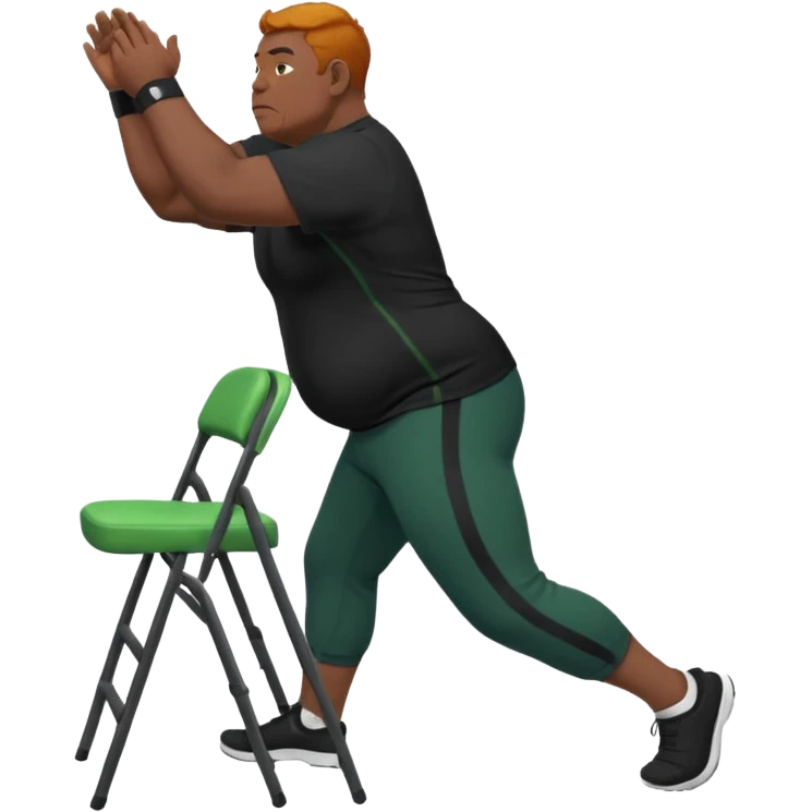 גבר זקן ג'ינג'י מלא כוסע שחור הפוך חולמה שחורה ומכנסיים ירוקות ארוכות מבצע תרגיל לאנג' בתמיכת כיסא מהצד emoji