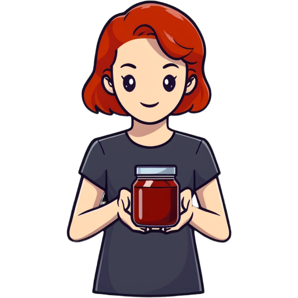 redhead woman showing a glass jar with jam at arms length, closeup emoji