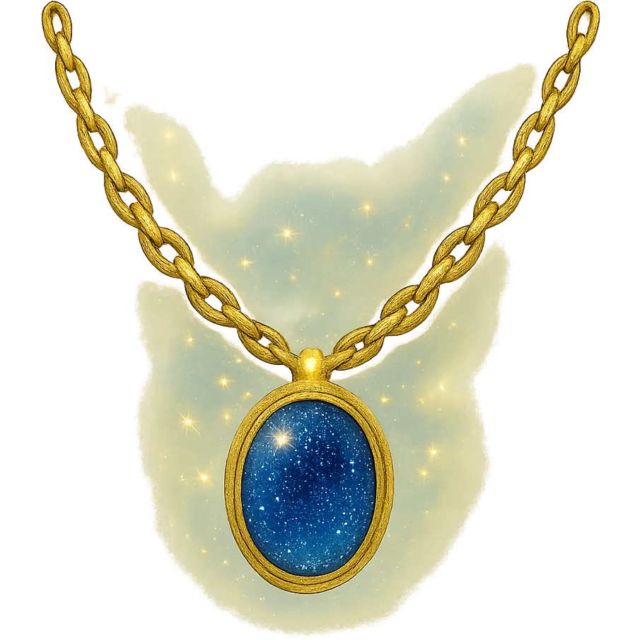 gold chain floating in midair with a deep blue starry stone, glowing faintly, shimmering like liquid gold, mystical aura emoji