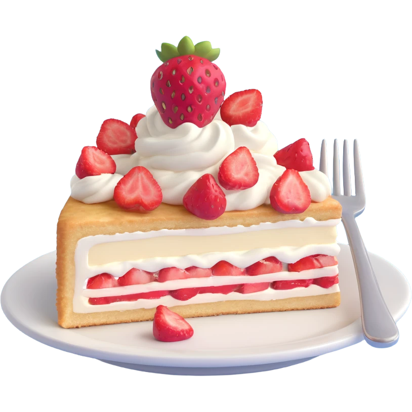 A slice of strawberry shortcake with strawberries and cream on a plate, with a fork, in 3D iOS emoji style, soft gradients, glossy finish, no background. emoji