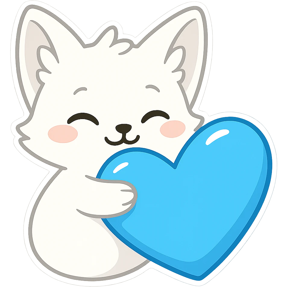Make the fox white, do not show any legs, keep hugging the stunning blue heart, in chibi sticker style with transparent background. emoji