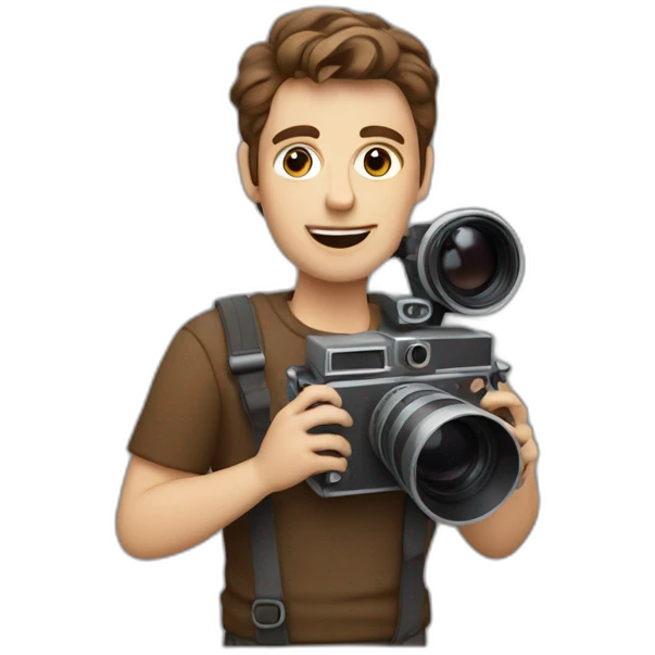 European film director with brown piled short hair holding a cinema camera emoji