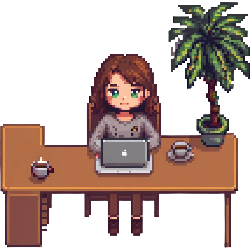girl at desk with MacBook, coffee cup nearby, cozy atmosphere, pixel art style emoji
