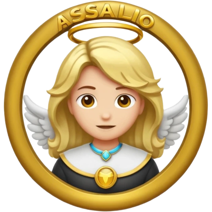 "Um emoji de anjo com cabelos loiros, um halo, asas, segurando um sinal de 'compartilhar' em letras em negrito." emoji