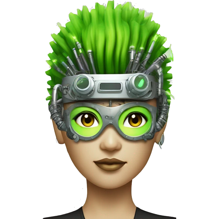 Neon green Mohawk hair Asian female cyborg head with silver steampunk goggles and circuits emoji