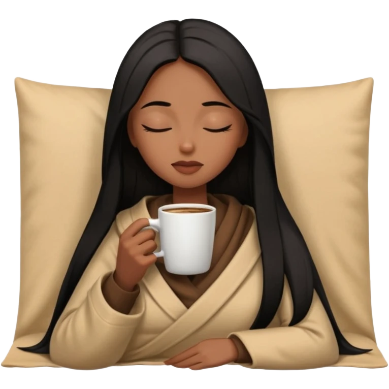 Chocolate brown girl with long straight jet black hair wrapped inside a tan blanket sipping coffee eyes closed emoji