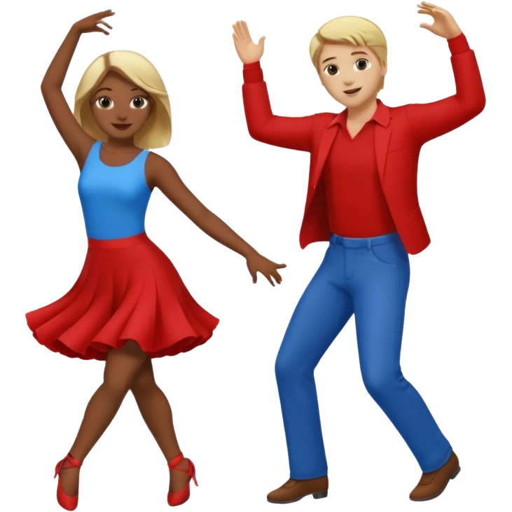 Two people dancing, one wearing red with blond hair and one wearing blue with brown hair and dark skin emoji