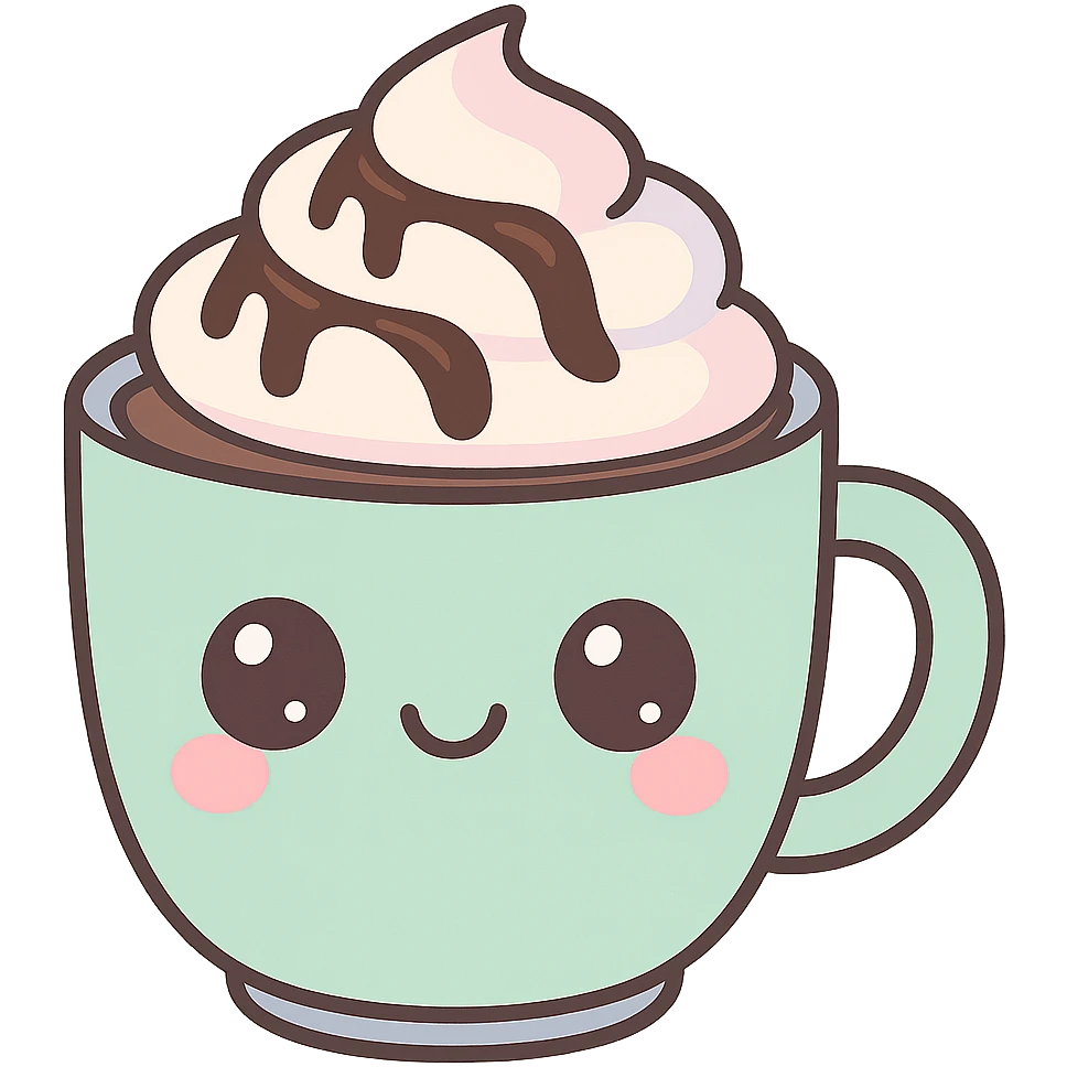 kawaii style cup of mocha, cute smiling face on the mug, pastel colors, whipped cream and chocolate drizzle, adorable and cheerful emoji