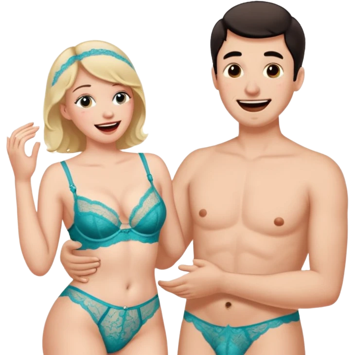 male getting sissified in lingerie by his smug wife. the wife is crying with laughter emoji