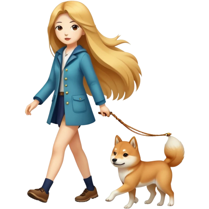 Long-haired beautiful girl walking the Shiba Inu emoji