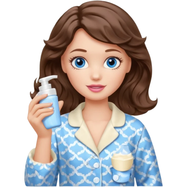 Barbie girl with makeup, blue eyes , and bob long haircut wavy, short brown hair in creamy color pajamas, face cream in hand emoji