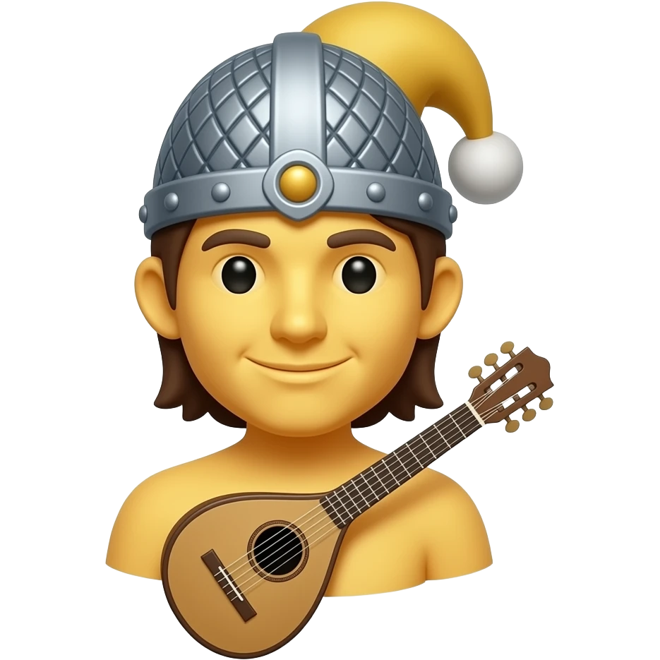 verry round yellow face emoji with a "medieval bard hat" and a "medieval bard instrument", "no arms nor hands" emoji