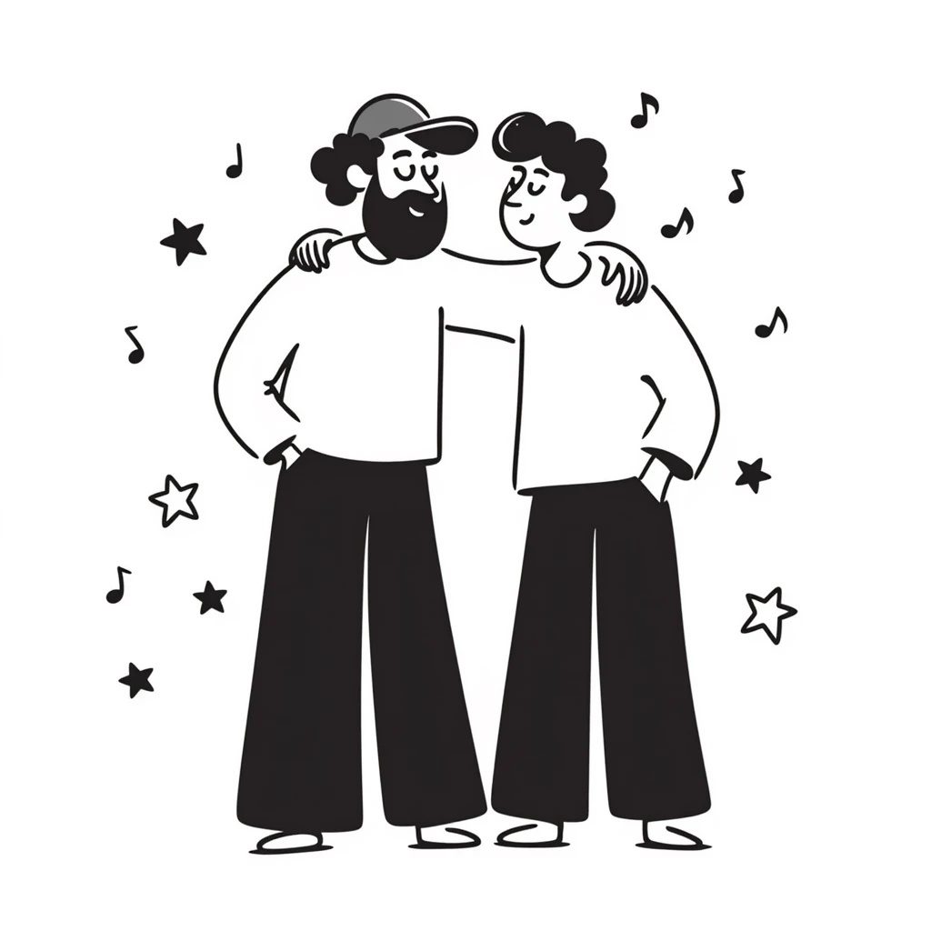 Two brothers who are musicians: a noticeably taller 35-year-old with stylized beard and backwards cap (big brother) with his arm around his shorter 25-year-old brother. Side by side, facing forward, celebrating. Music notes and stars around. Band members cheering in background. emoji
