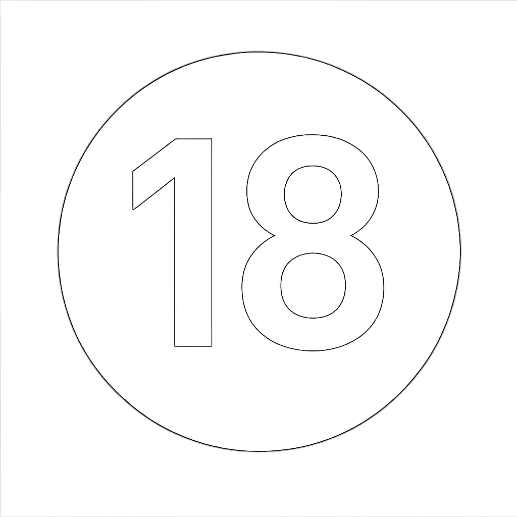 Remove the semi truck wheels from the image, leaving only a black circle with a bold white number 18 in the center. Keep the background transparent. The number 18 should be bold and clearly visible inside the black circle. emoji