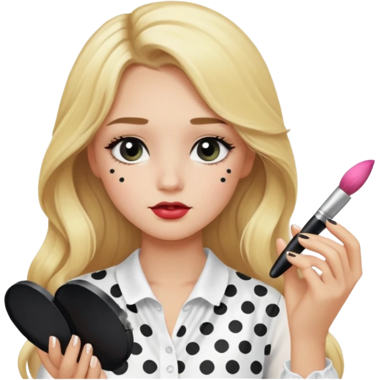 niña rubia con pelo largo y blusa blanca con lunares y maquillandose emoji